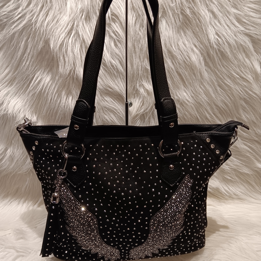 BLACK WING RHINESTONE TOTE